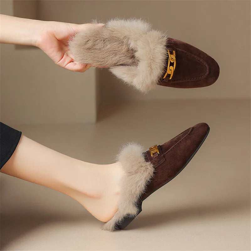2023 Winter Sheep Suede Women Shoes Rabbit Hair Mules Shoes for Women Round Toe Low Heel Slippers Chunky Heel Cover Toe Slippers