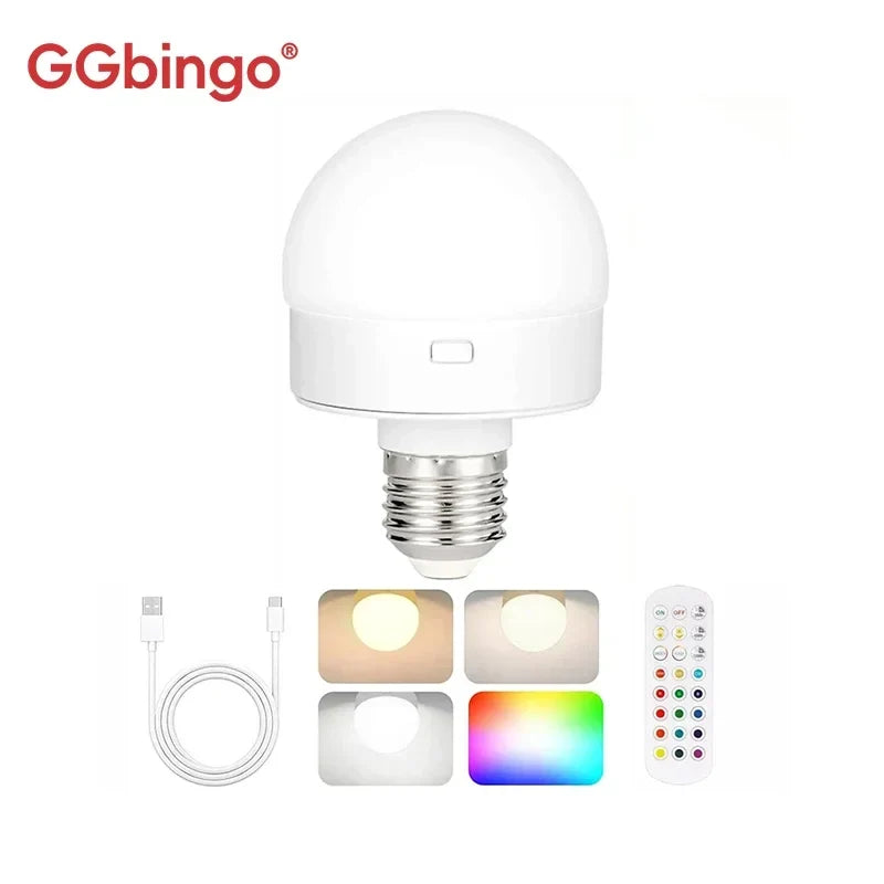 GGbingo Rechargeable LED Smart Bulb E27 USB Control Color Temperature 15 Brightness Levels RGB Timer Function with Remote