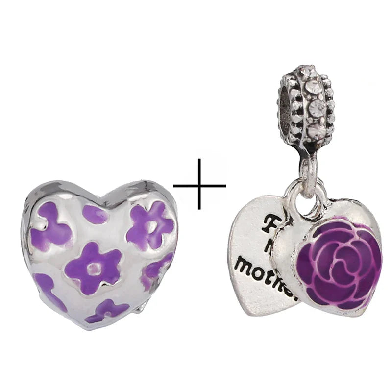 BRACE CODE 2Pcs/Lot Pan Spring New Purple Charm Love Floral Diy Beads Pendant Making Men's Women's Children's Fine Bracelets