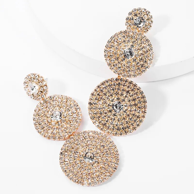 European Exaggerated Multi-layer Round Drop Earrings Women Shiny Rhinestone Geometric Dangle Earrings Party Jewelry Gifts