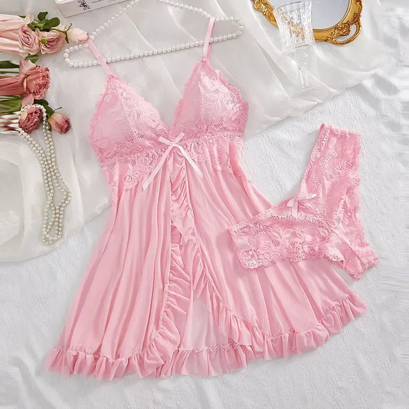 White Sexy Contrast Lace and Mesh, Ruffle Baby doll Nightgown V-neck, Open Bra, Nighties.