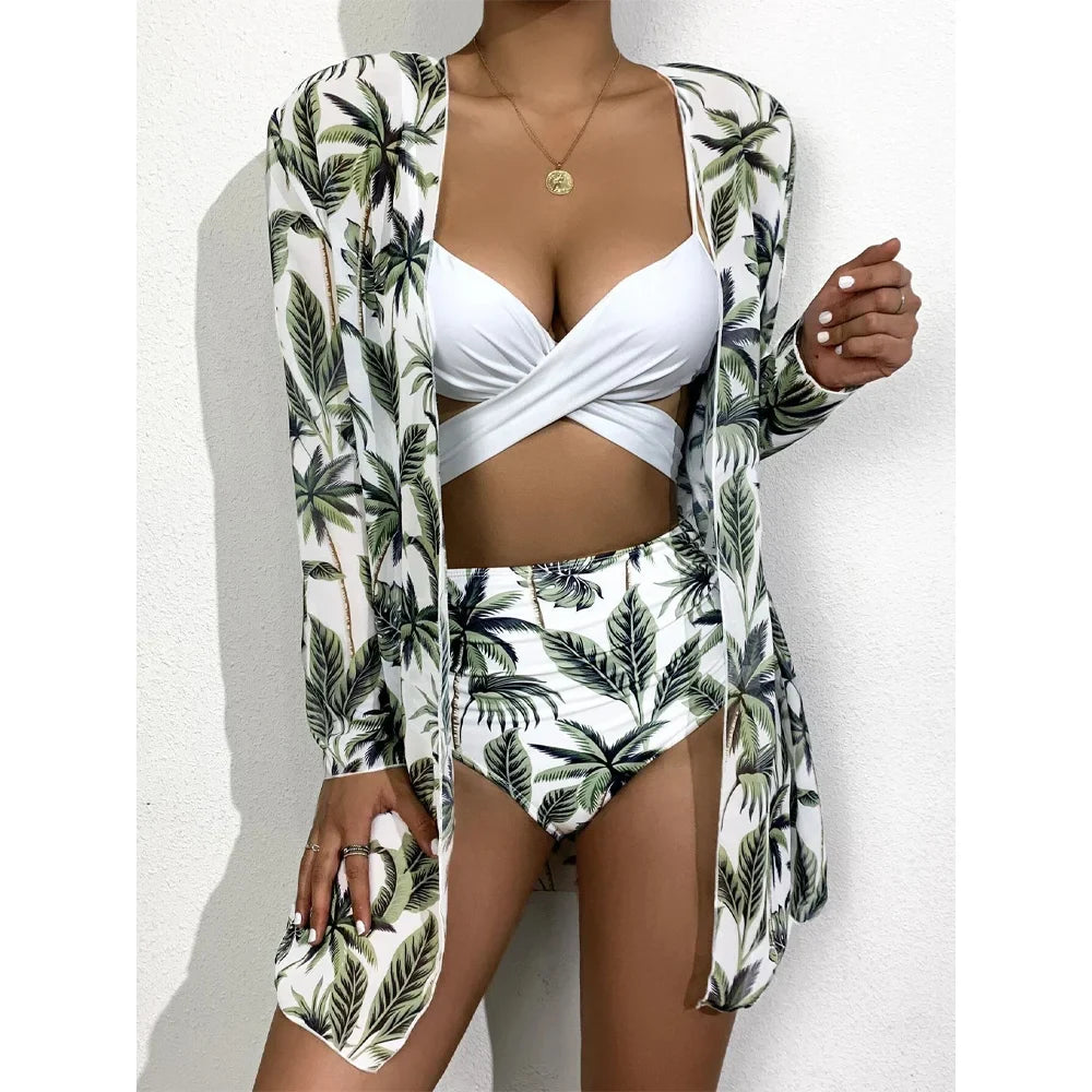 Three Pieces Bikini Set Cover Up Women New Push Up Twist Swimsuit Print Long Sleeve Swimwear Biquini Bathing Suit Summer