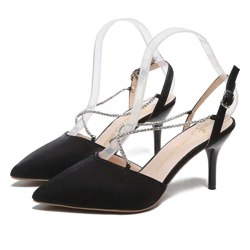 Sexy Rhinestone Buckle Garden Shoes 2022 Summer New Pointed Toe Suede Women's High Heels Fashion Black Party Banquet High Heels