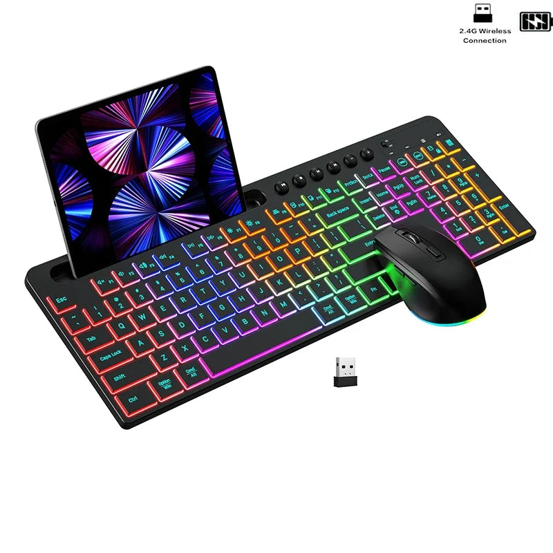 Ergonomic Backlit Keyboard Mouse Combo with Phone Holder 2.4G Wireless Rechargeable Keyboard Mouse Set for Win XP/7/8/10/11