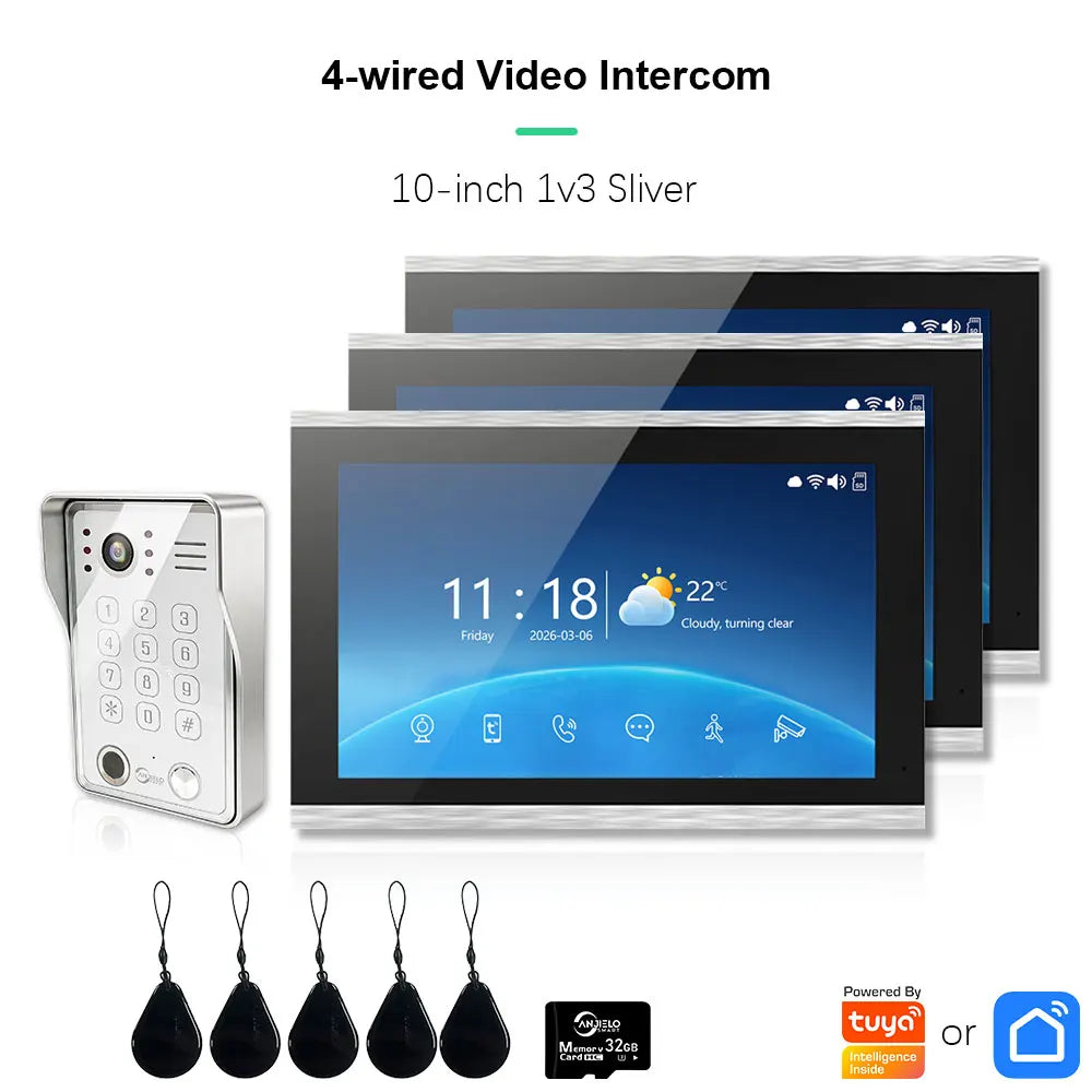 ANJIELO Fingerprint 5in1 Unlock Doorbell Video Intercom Touch Screen Video Doorphone 1080P Tuya Security Protection 3 Monitor
