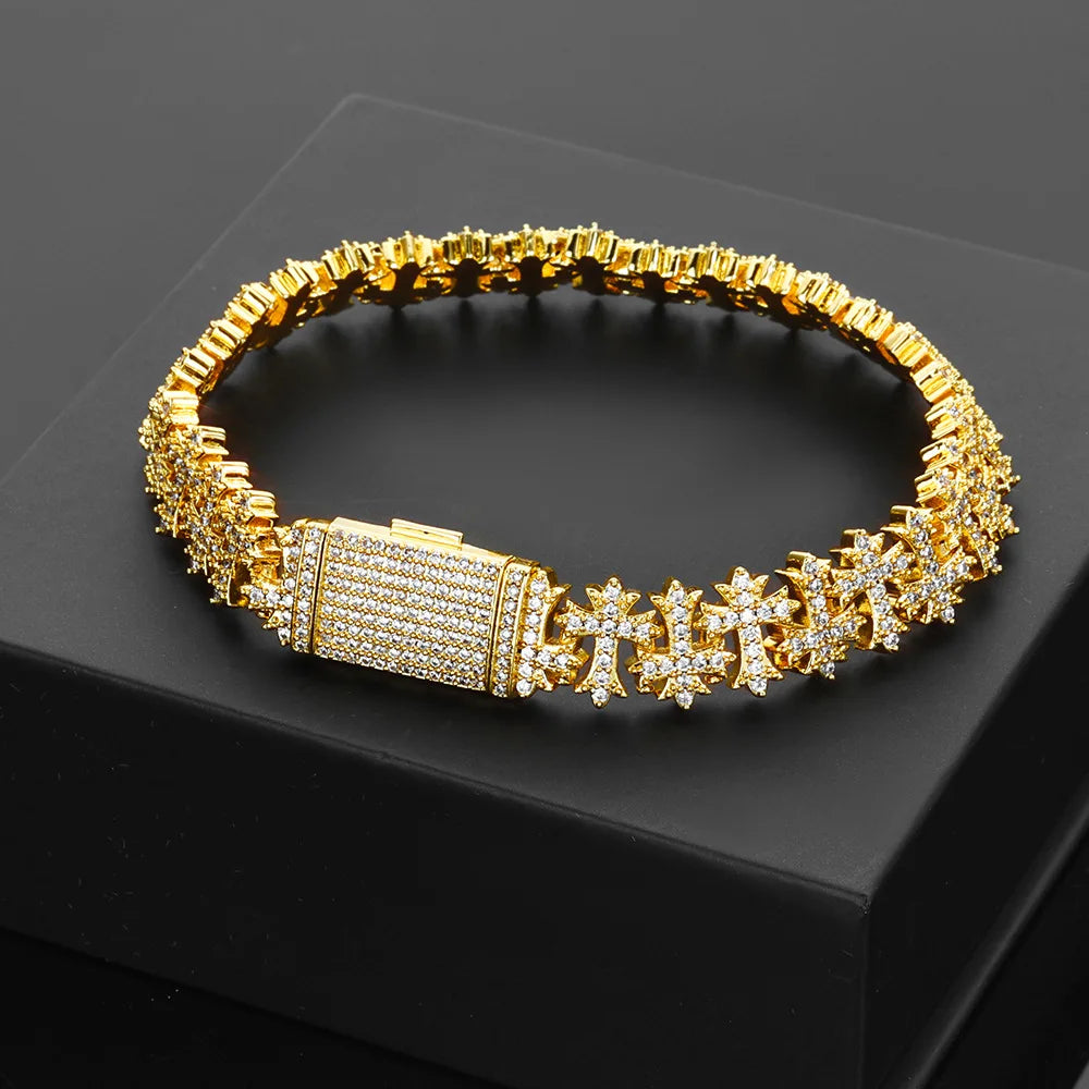 Luxury 24K 9999 Pure Gold real gold Cross Diamond Maple Leaf Chain Hip Hop Men's Bracelet
