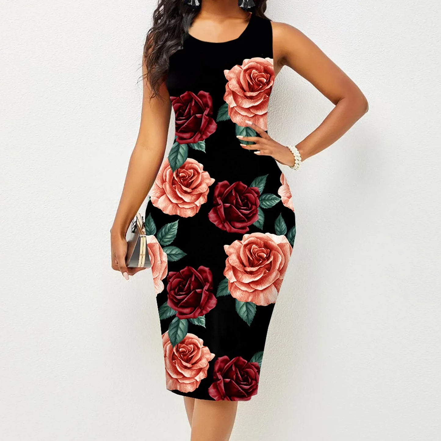 Spring and Summer, New Fashion Women Sleeveless Wrapped Hip Print Dress.