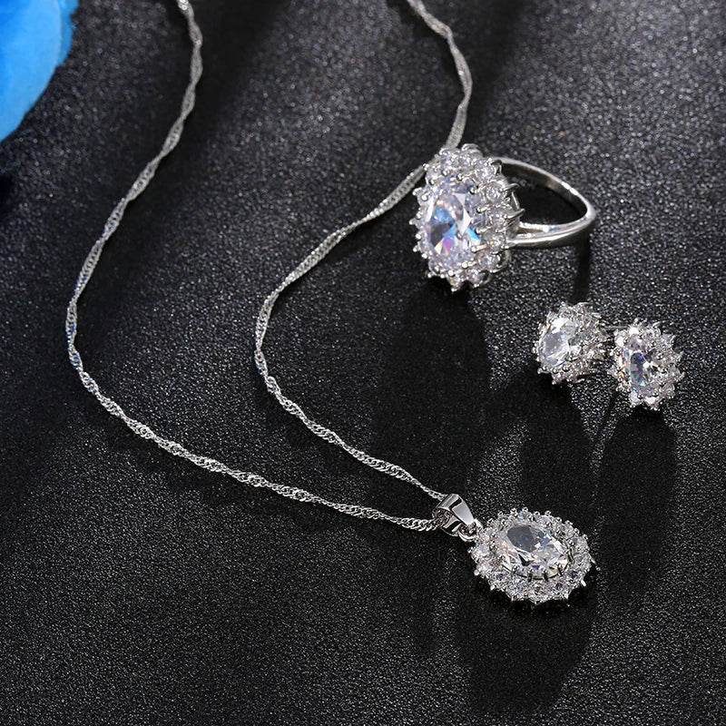 Fashion Blue Crystal Stone Wedding Jewelry Sets For Brides Silver Color Necklace Set For Women African Jewelry Sets & More