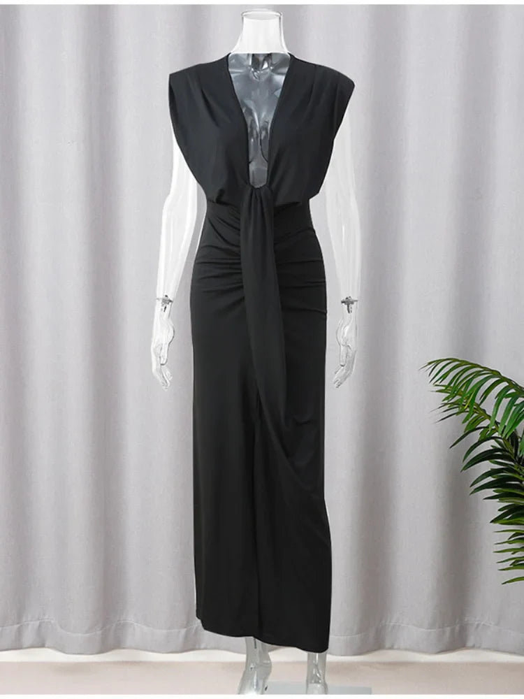 Elegant Solid Pleated Slim Sleeveless Midi Dress Women Sexy Deep V Neck High Slit Robe 2024 Summer Chic Lady Party Street Wear