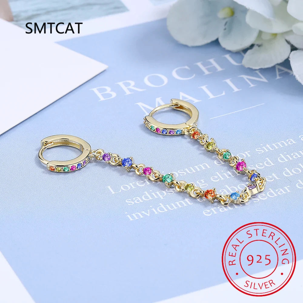 Solid 925 Sterling Silver Double Earrings Chain Small Round Circle Hoop Tassel Ear Rings Two Ear Holes Helix Piercing SE178