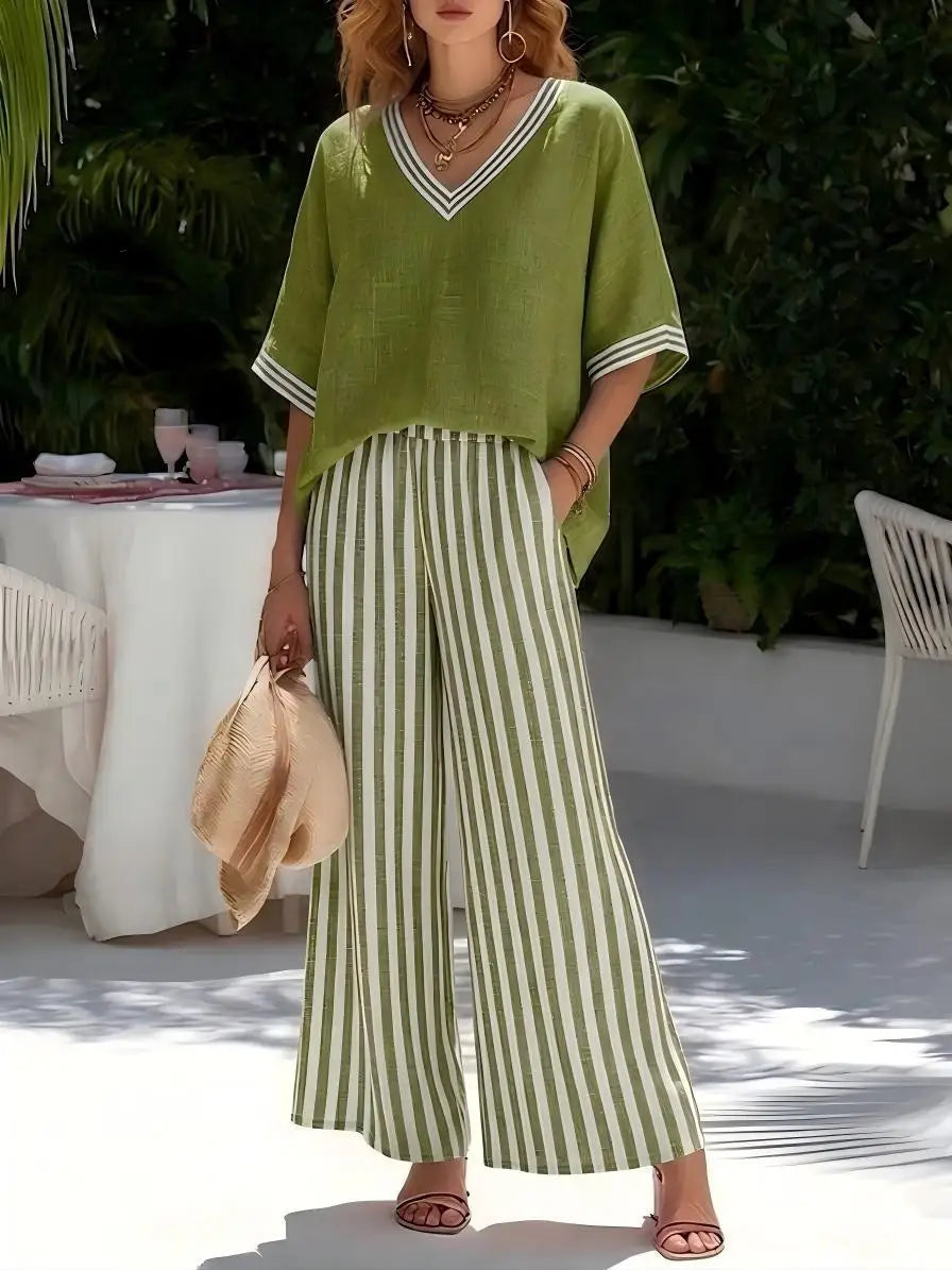 Women's Linen Two Piece Set Fashion V Neck Contrast Half Sleeve Loose Top High Waist Striped Wide Leg Pants Summer Casual Outfit