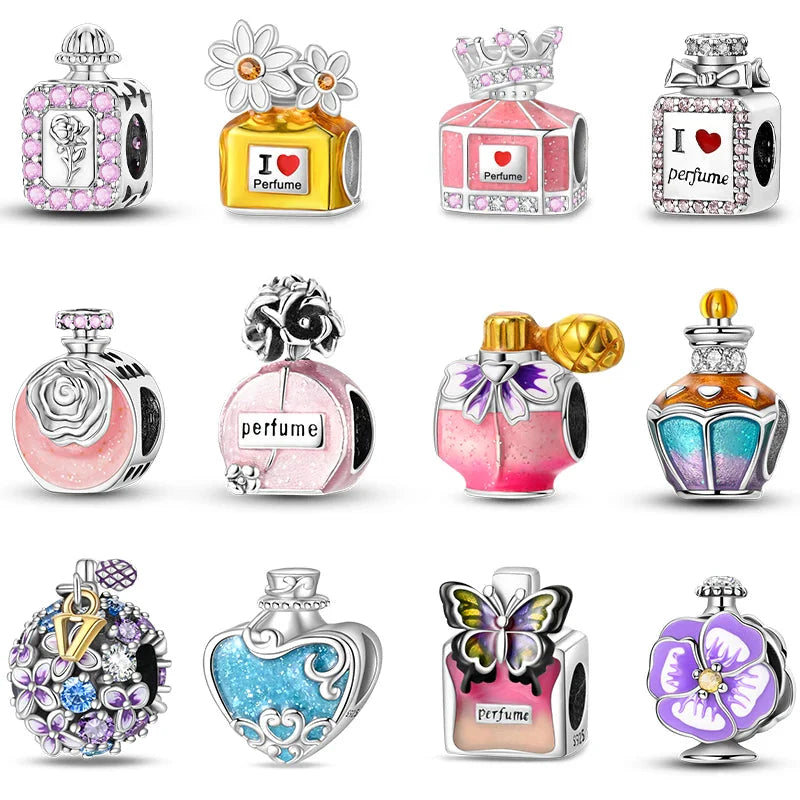 Romantic Pink Crown Perfume Bottle Charms Beads Bracelets Fine Jewelry