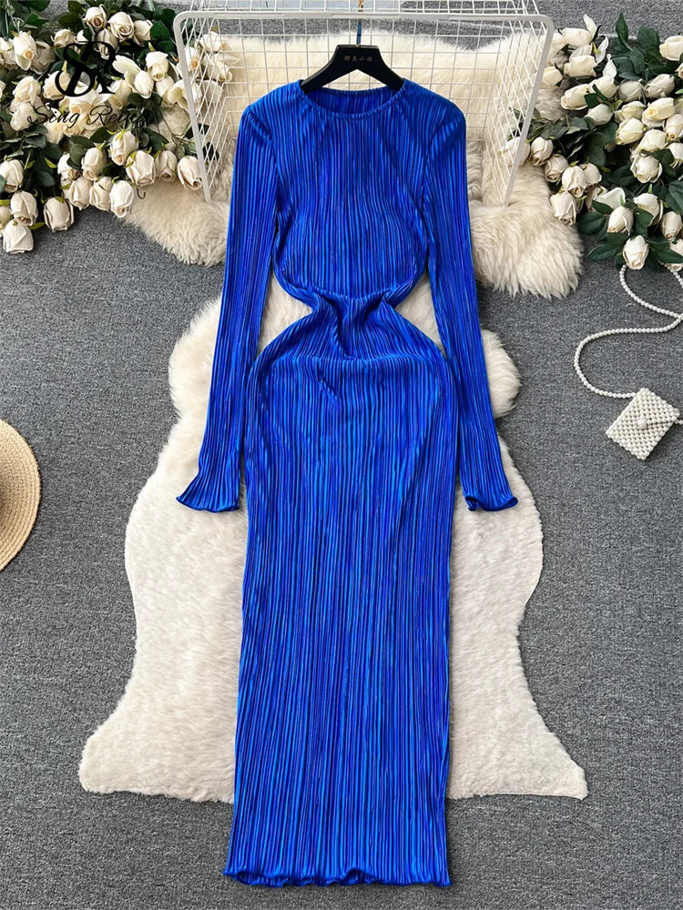 SINGREINY Solid Pleated Long Dress O Neck Full Flare Sleeves HIgh Elastic Female Skinny Fashion Autumn Retro Bodycon Party Dress