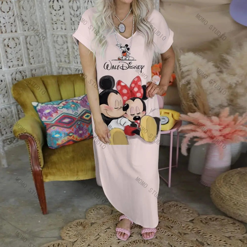 Leisure Sexy Dress Disney Casual Summer Women's Dresses V-Neck Long Minnie Mouse Maxi Cartoon 2022 Mickey Y2k Clothes Robe Woman