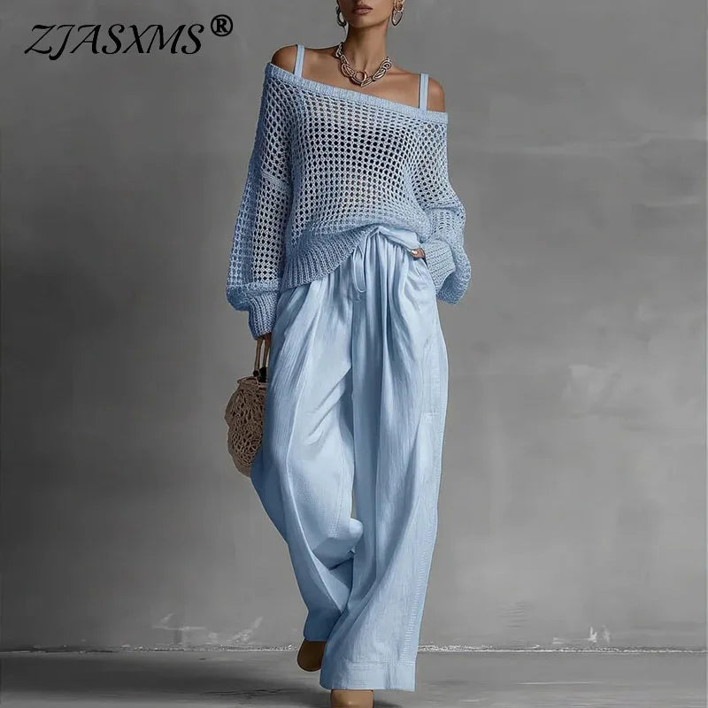 Off Shoulder Hollow Knit Womens 2 Piece Set Long Sleeve High Waist Wide Leg Pants Outfit Casual Loose Summer Beach Vacation Suit
