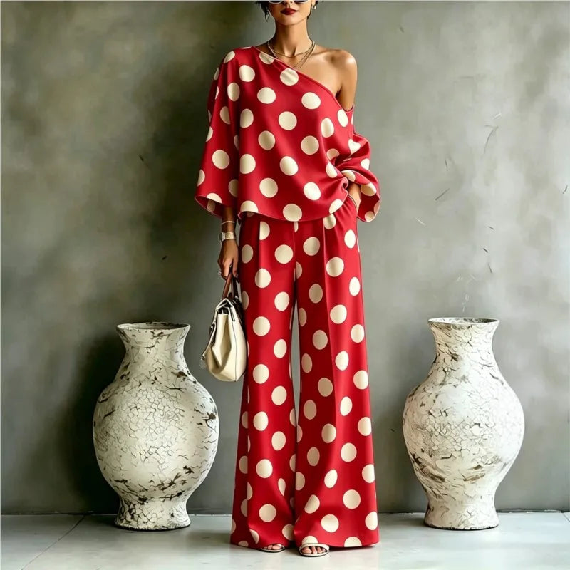 Bohemian Fashion Polka Dot Print Two-piece Set Woman's Foreign Style Slant Collar Top+wide Leg Pants Suit Lady Loose Fit Outfit