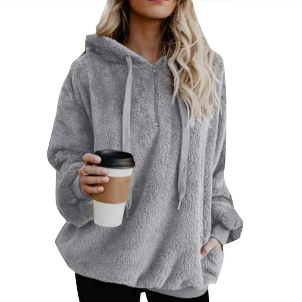 Winter Hoodies Long Sleeve Two Pockets Pullover Sweatshirt Plush Turtleneck Zipper Neck Women Fluffy Sweatshirt Outerwear