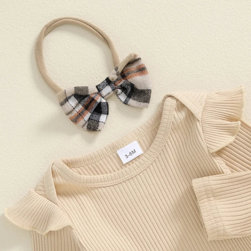 Baby Girls 3Pcs Fall Outfits Long Sleeve Romper + Bear Suspender Skirt + Headband Set Newborn Clothes