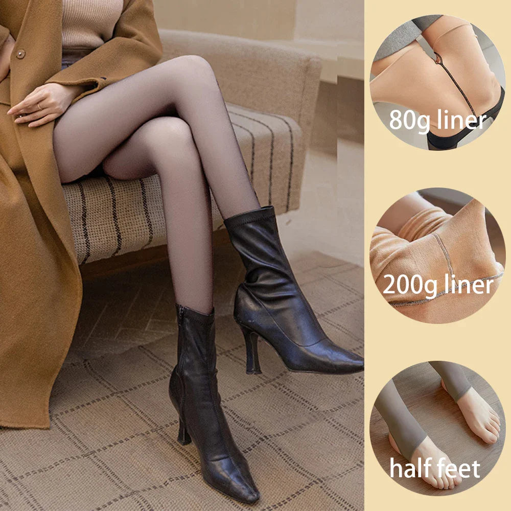 Loozykit Fleece Leggings Women's Insulated Tights Winter Thermal Stockings Sexy High Waist Elastic Pantyhose Skin Effect Socks