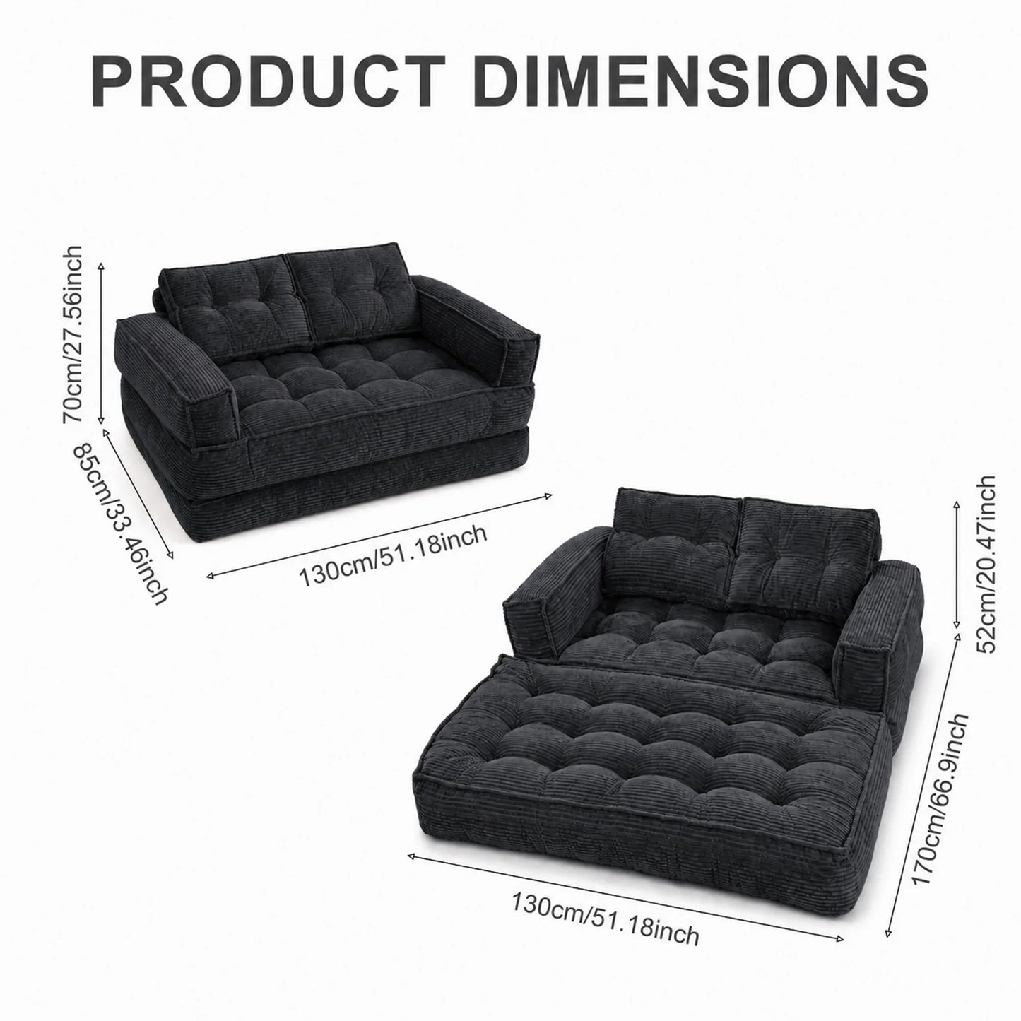 51" 2-Seater Modular Corduroy Sofa with Chaise, 2-in-1 Boneless Convertible Floor Couch, Lazy Double Sofa with Armrest for Living Room, Black