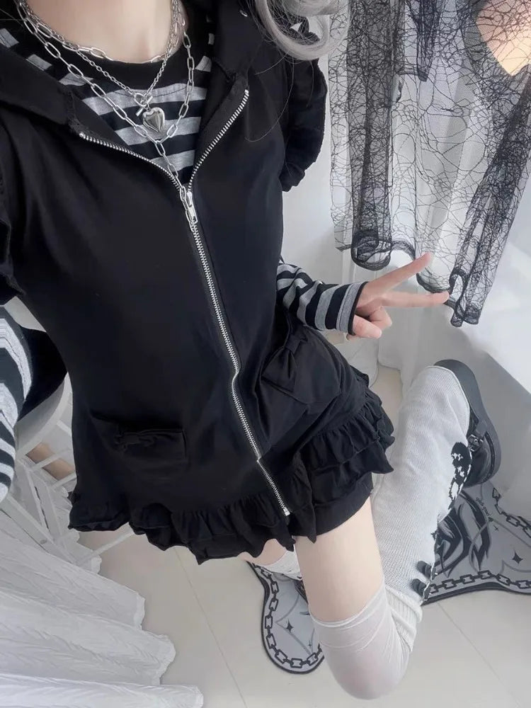 Vintage Striped Patchwork Sleeve T-shirt for Women+ Cute Cat Ear Hooded Sleeveless Jackets Early Autumn New Two Piece Sets