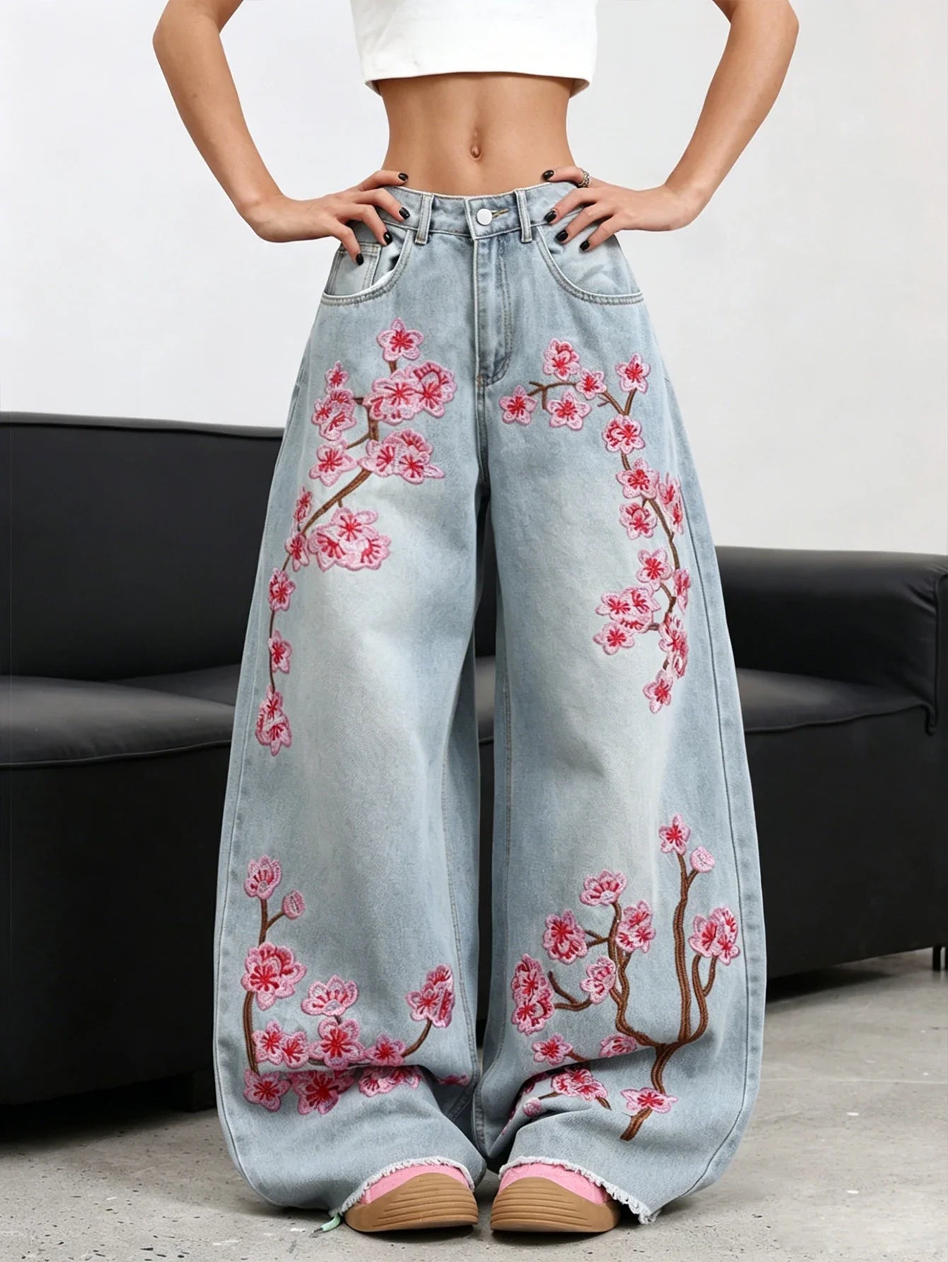 American Retro Plum Blossom Embroidery Design Blue Women's Loose Wide-Leg Jeans Y2K Street Fashion Versatile Straight Trousers