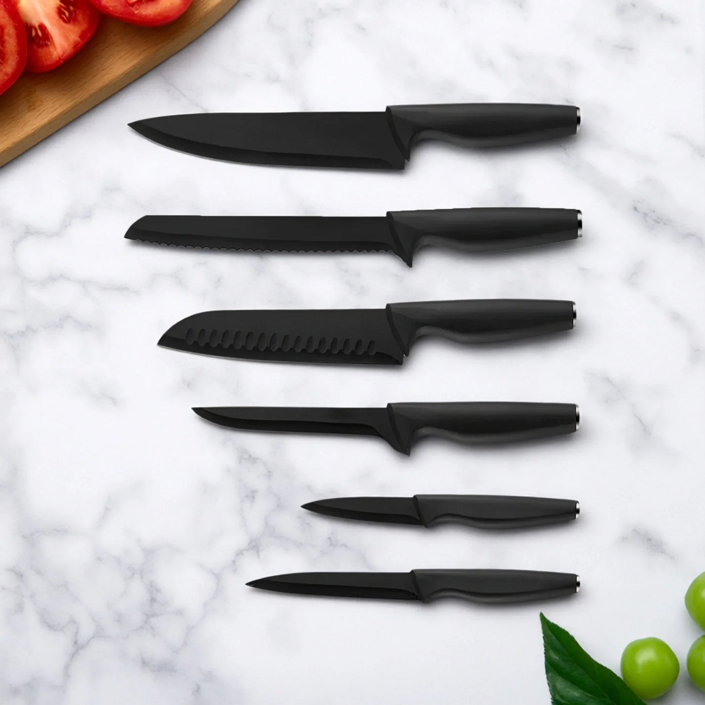 15-piece kitchen stainless steel knife set with knife holder, space-saving storage, full handling of ingredients.