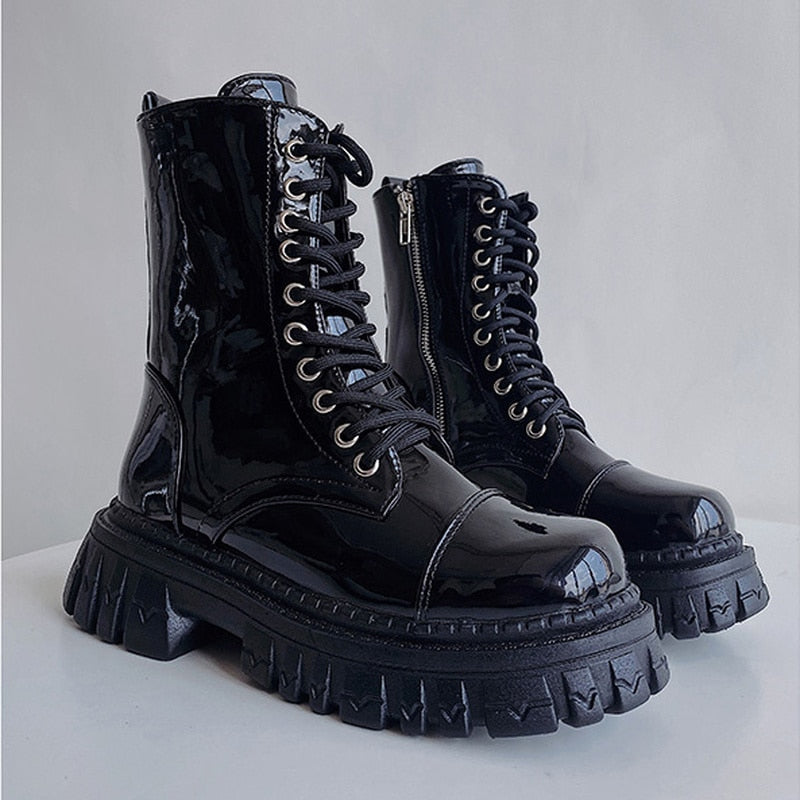 New Women Boots Luxury Zip Brand Design Black Punk Goth Platform Chelsea Fashion Fighting Lace-up Bike Buty Damskie