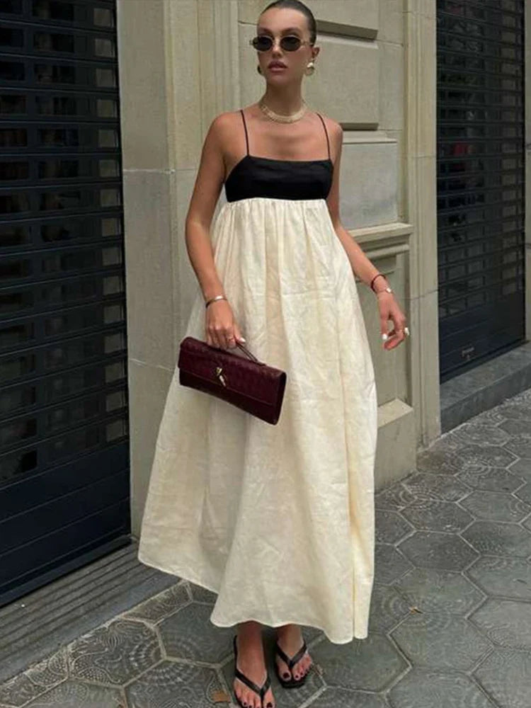 Contrast Loose Sling Women Dresses Sleeveless Backless Square Collar Female Dress 2024 Fashion High Waist Summer Sexy Lady Robe