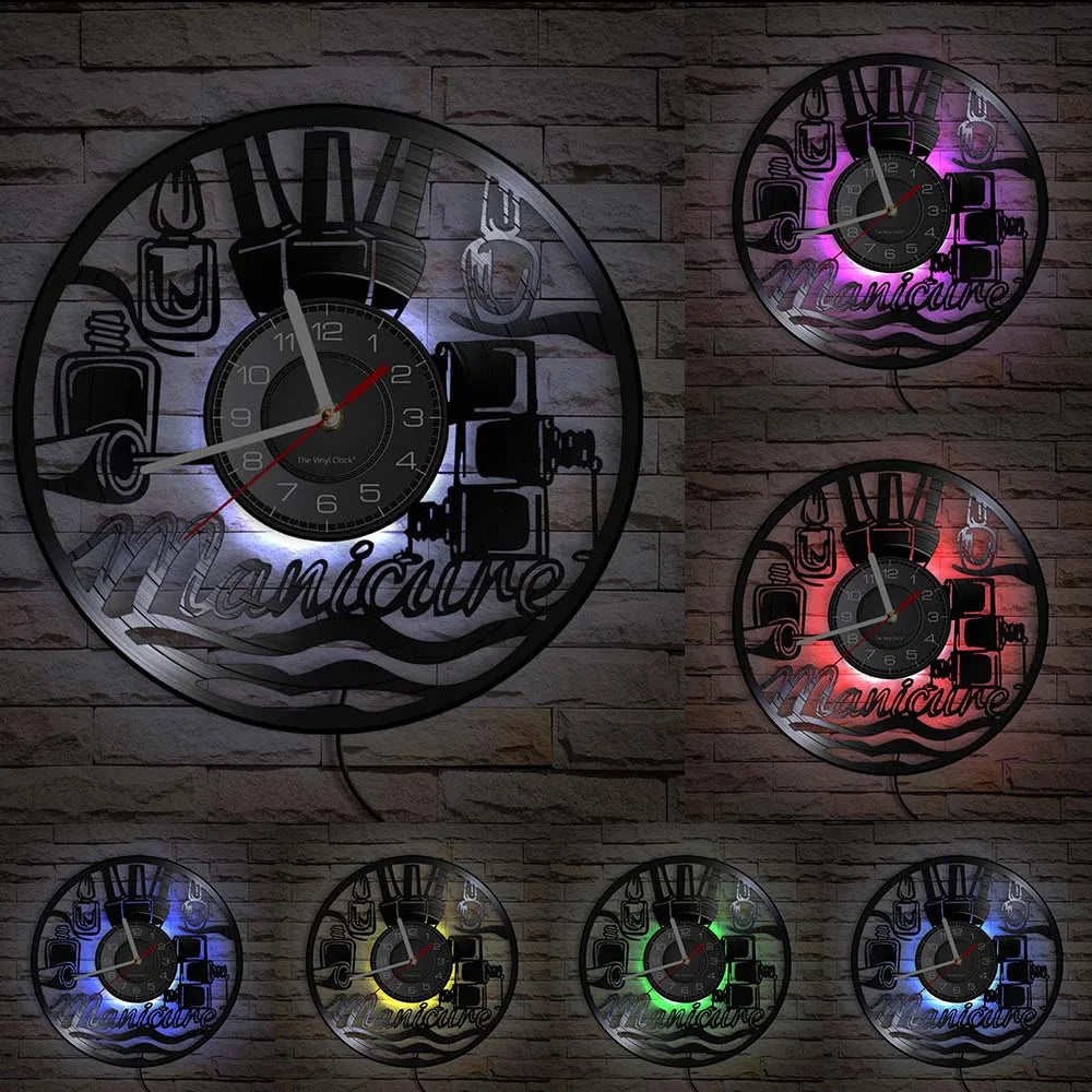 Manicure Design Wall Clock Fashion Beauty Store Wall Art Salon Vinyl Record Wall Clock Beauty Home Decor Gift For Her