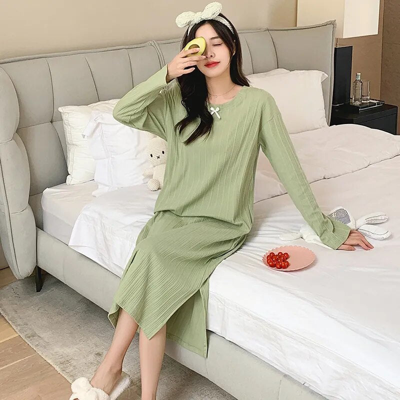 Modal Chic Long Knitted Women Home Dress O Neck New Autumn Winter Solid Kawaii Fashion Night Gown Woman Nightgown for Girls