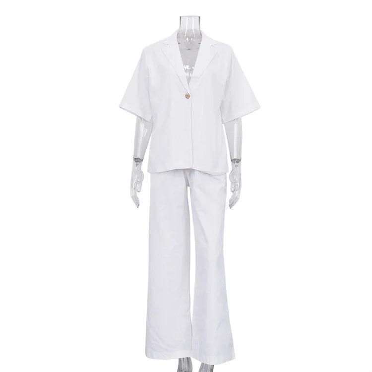 2026 New Cotton Turn-Down Collar Half-Sleeve Top Wide-Leg Pants Two-Piece Set Women, Simple And Fashionable Commuting Outfit For