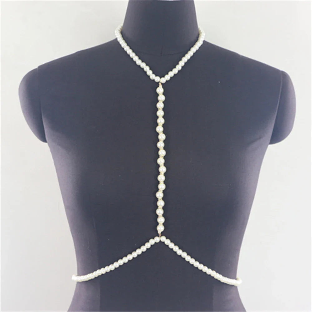 Stonefans Fashion Pearl Body Chain Bra Necklace Harness for Women Summer Sexy Bikini Crystal Belly Waist Chain Beach Jewelry