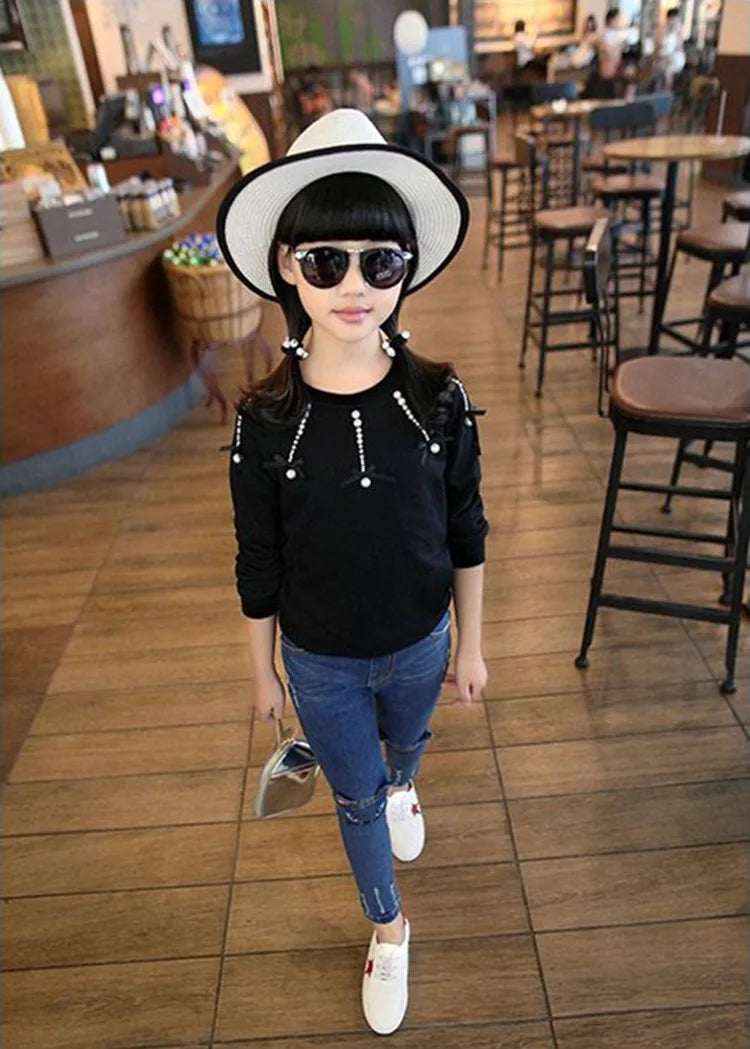 Children, Infants, Girls Casual Denim Long Pants, Skinny Trousers Prints.