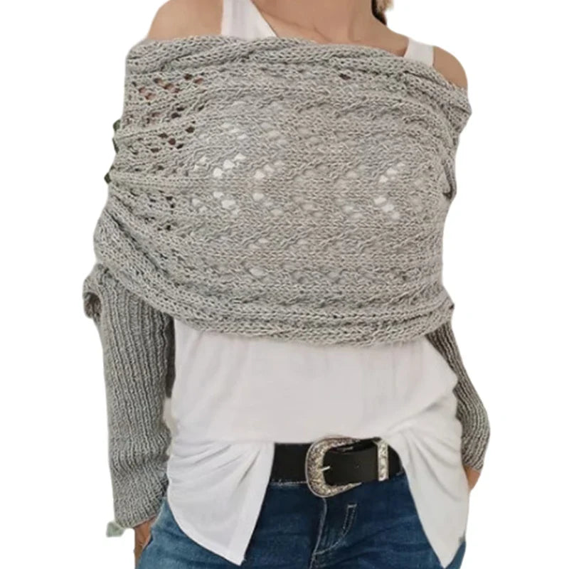 〔CC88〕Autumn and Winter Long Shawl Knitted Hollow Out Fashion Casual Wraps Shoulder Sweater Scarf with Lengthened Double Sleeves