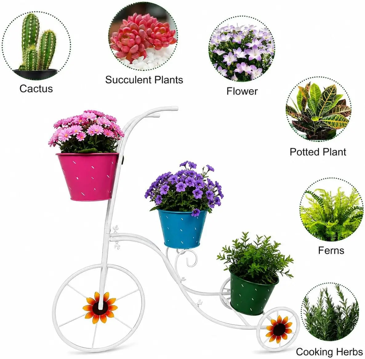 Tricycle Planter Stand with 3 Plant Bucket, White Metal Tricycle Planter, 3 Tier Floral Flower Plant Stand Holder Hand Painted Outdoor Garden Patio Decor