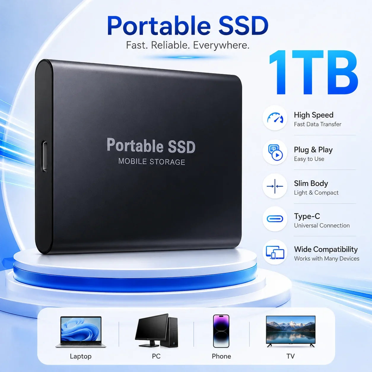 2TB External Hard Drive 4TB Portable SSD USB-C High-Speed Storage Disk for File Backup Compact & Durable