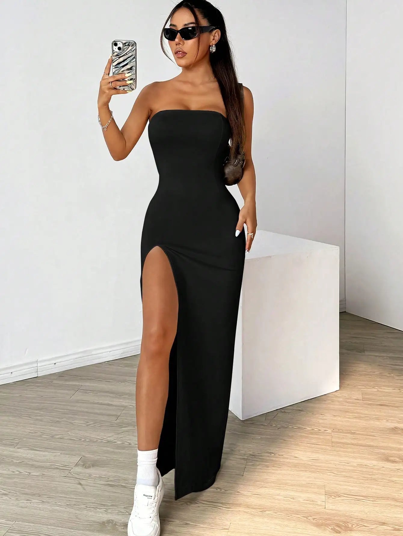 Elegant ladies strapless camisole, simple basic solid color long dress, casual, semi-formal occasions,