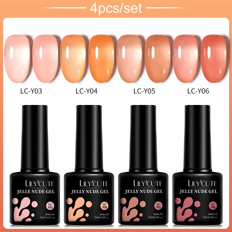 LILYCUTE 4/5Pcs/Set 7ML Nude Pink Gel Nail Polish, and Translucent Jelly Nail Art Gel, Semi Permanent Design Manicure Set.