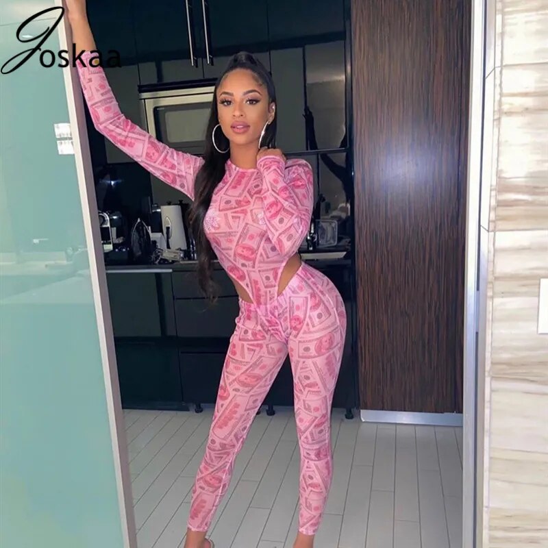 Joskaa Mesh Print Night Club Long Sleeve Bodysuit & Pants 2 Pieces Set Outfits Fashion Outwear Autumn 2020 Tracksuit Woman