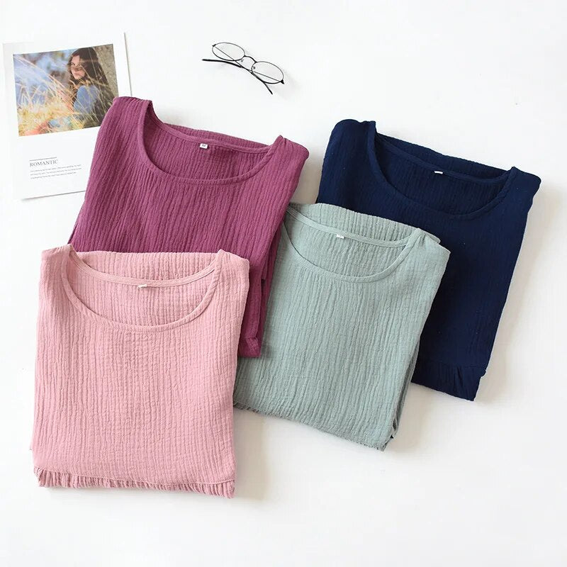 Summer Sleepwear 100% Cotton Crepe Short-sleeved Sleepshirts Plus Size Loose Nightgowns Women Night Gown Sexy Sleeping Dress