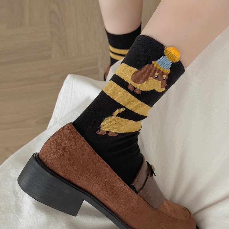 4 Pairs Women's Cartoon Dog Socks Korean Foldable Two-Wear Sweatproof Cotton Oxford Mid-Calf Socks for Fall and Spring