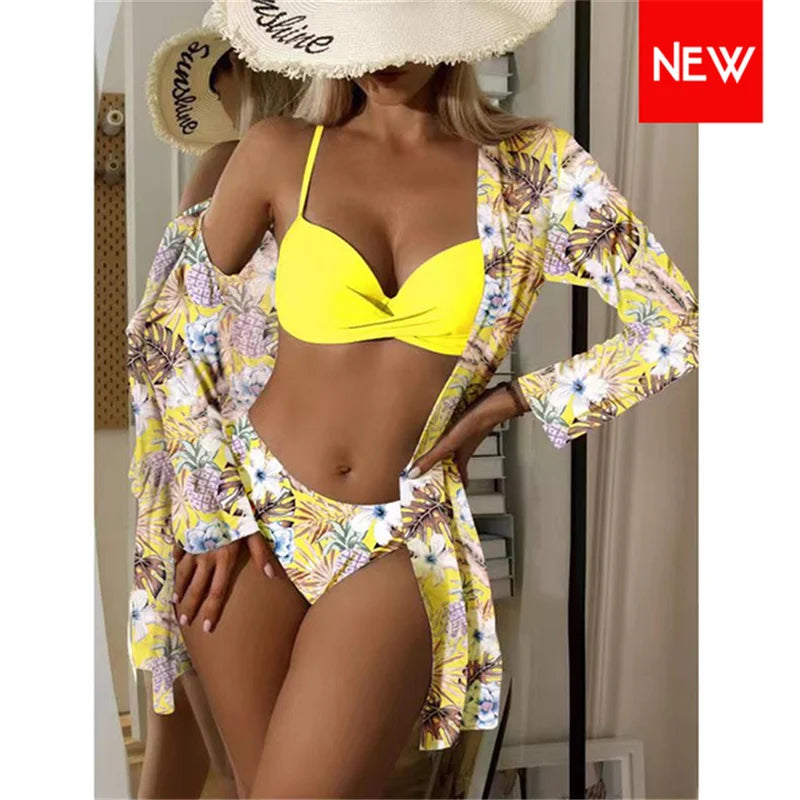 Three Pieces Bikini Set Cover Up Women New Push Up Twist Swimsuit Print Long Sleeve Swimwear Biquini Bathing Suit Summer