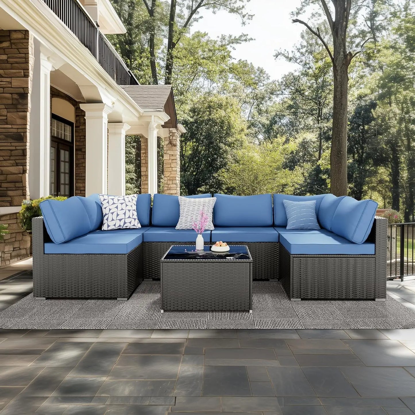 7 Pieces Patio Furniture Set - Outdoor Sectional Wicker Rattan Furniture with Cushion and Glass Table Patio Poolside Backyard