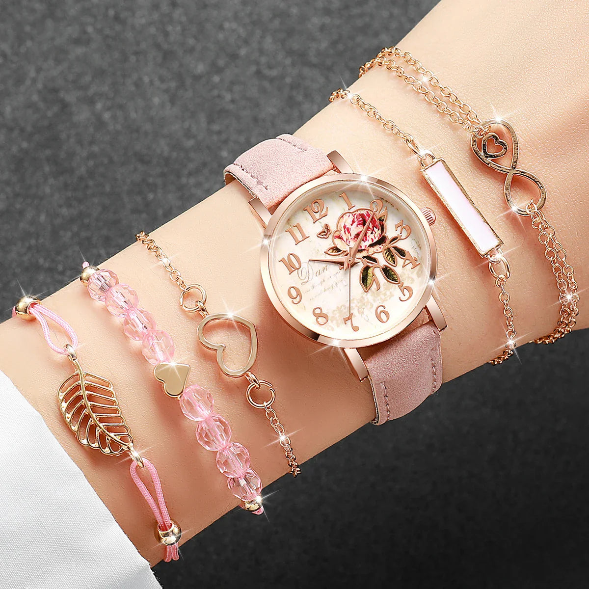 6pcs/set Fashion Women Leather Band Rose Dial Quartz Watch with Pink Bracelet Set (Box not Included）