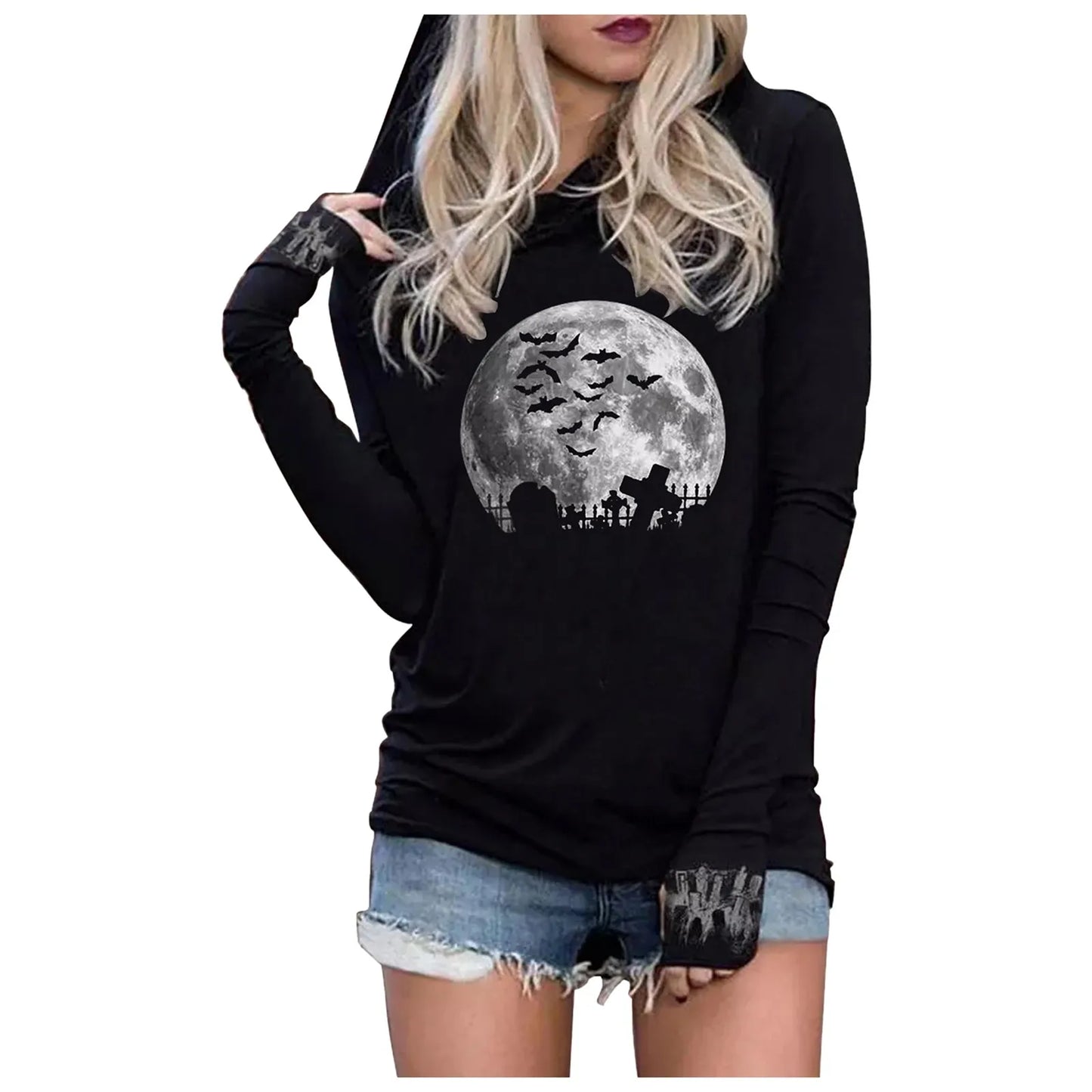 Halloween Graphic Long Sleeve Hooded T-Shirt Black Gothic Classic Vintage T-Shirt Moon Bat Tombstone Print Casual Y2k Clothes