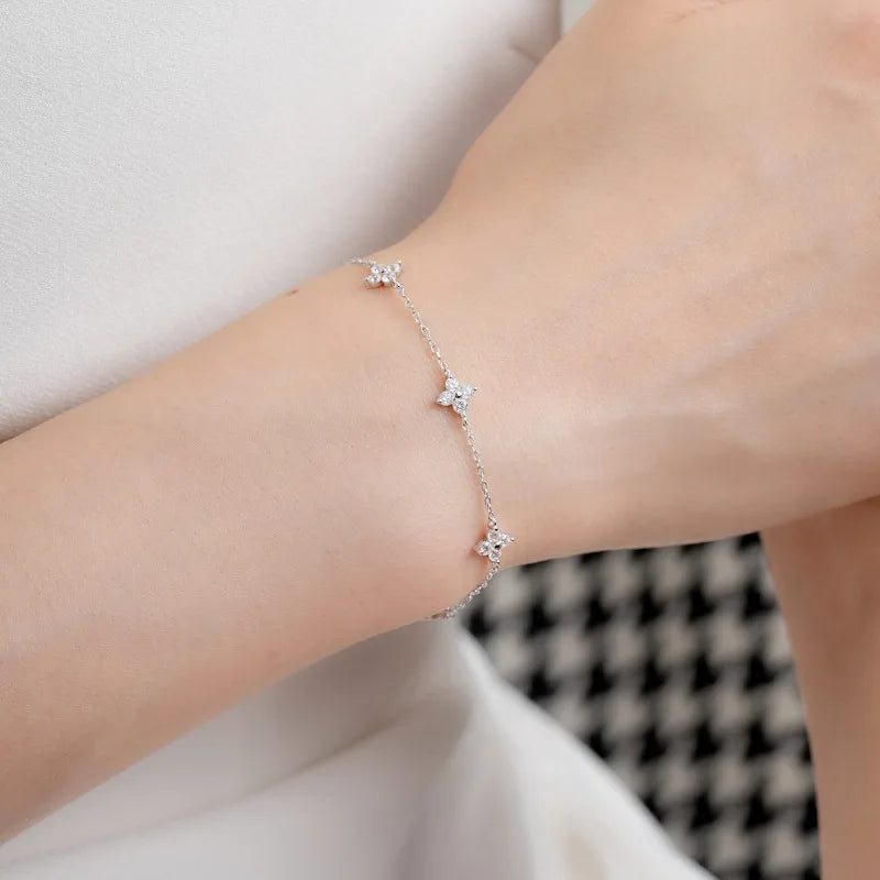 925 Silver Plated Cubic Zirconia Four Leaf Clover Bracelet for Women