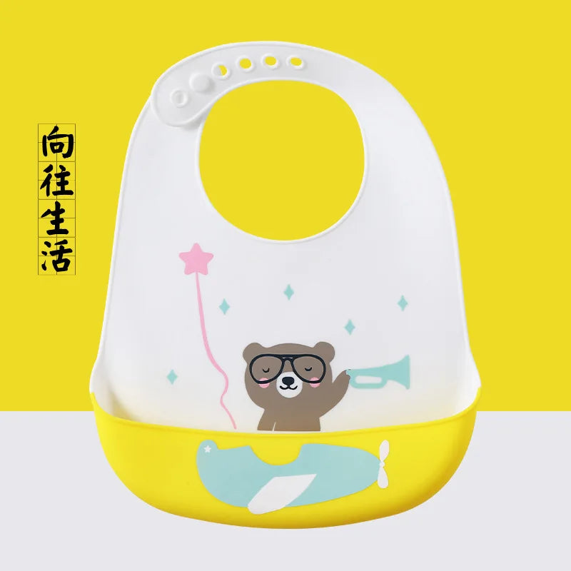 Cute Baby Bibs Waterproof Silicone Bib Infant Toddler Feeding Saliva Towel Cartoon Adjustable Children Apron with Pocket Scarf
