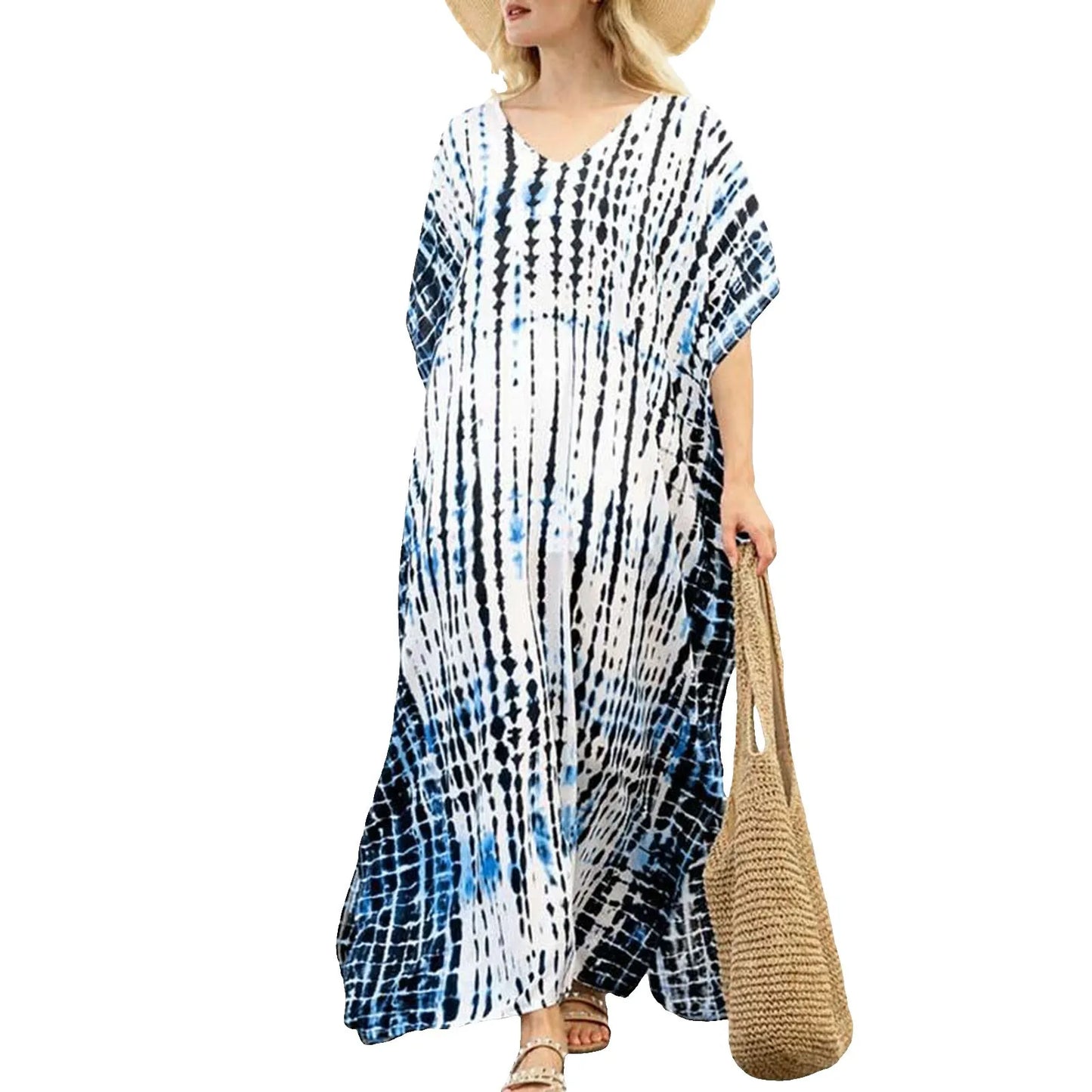 Womens Plus Size Kaftans Casual V Neck Puff Sleeve Boho Loose Floral Long Soft Beach Maxi Summer Swing Party Dresses For Women
