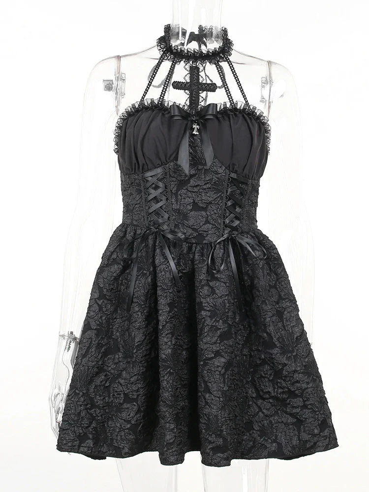 Goth Dark Mall Gothic Emo Jacquard A-line Dresses Elegant Grunge Ruched Bandage Partywear Punk Black Women Halloween Club Dress